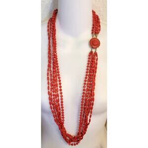 Faux Red Coral Plastic Multistrand Vtg 50s 60s MCM Beaded Necklace Box Clasp